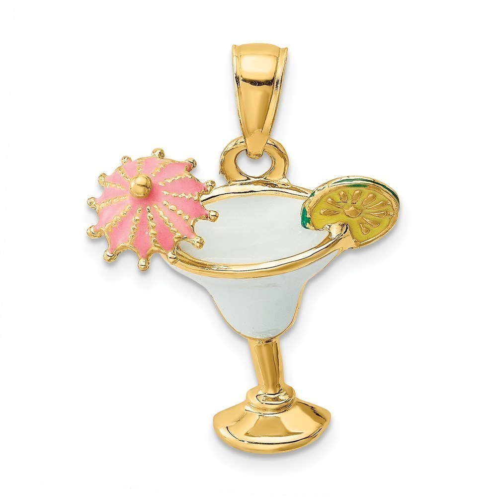 14k Yellow Gold Enameled Margarita Drink  Umbrella & Lime Necklace Charm Pendant
